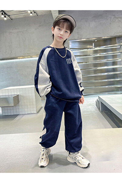 Take Two By Styli Teens Navy Color Block Sweatshirt and Joggers Set