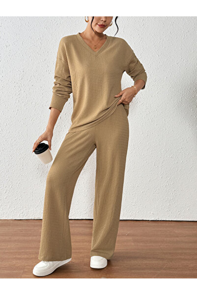 Take Two By Styli Textured V Neck Top and Straight Leg Pants Co-Ords