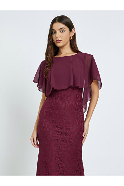 Styli Burgundy Lace Maxi Dress with Cape Sleeves