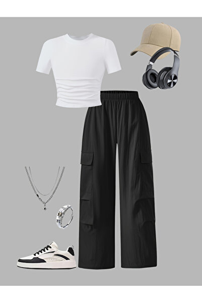 Take Two By Styli Girls Solid Ruching Detail T-Shirt and Cargo Pants Set