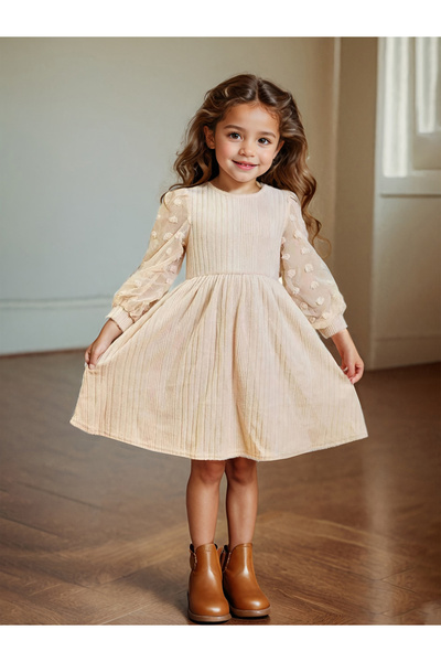 Take Two By Styli Girls Beige Textured Knit Dobby Dress