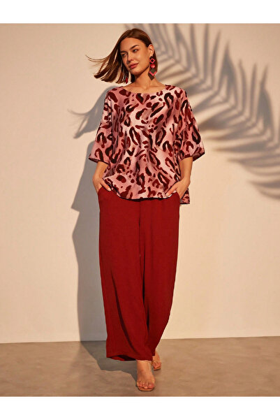 Take Two By Styli Burgundy Leopard Print Top and Trousers Co-Ords