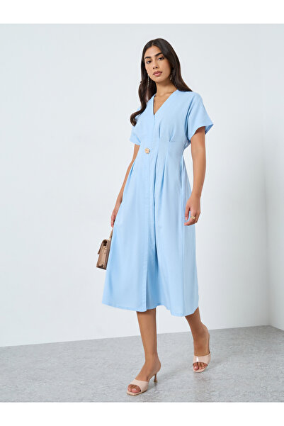 Take Two By Styli Blue Fold Pleated Midi Dress