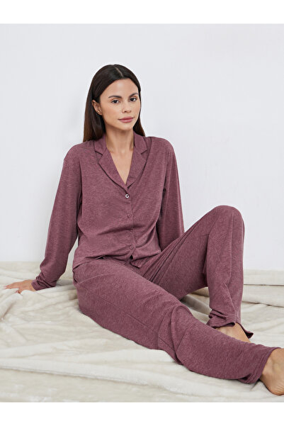 Styli Burgundy Knitted Shirt and Pajama Set