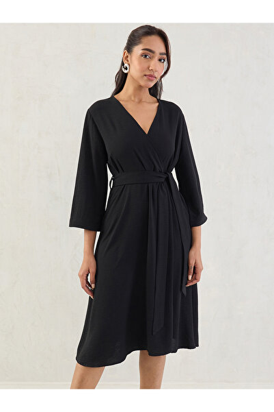 Styli Black Wrap Front Midi Dress with Tie Belt