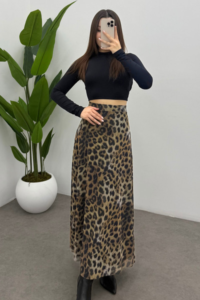 Bipantolon Women's Leopard Back Elastic Detailed Zippered Maxi Tulle Skirt