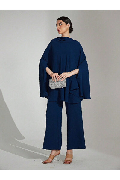 Take Two By Styli Navy Blue Knit Cape Top and Trousers Co-ords