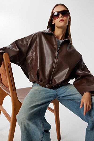 Lovelyİstanbul Kemerli Suni Deri Bomber Ceket LOH0013 KAHVERENGİ