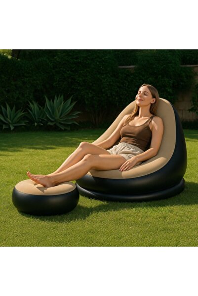 varioshop Inflatable armchair set with footrest, durable PVC, Cream/Black, 75x90x88cm, 1,