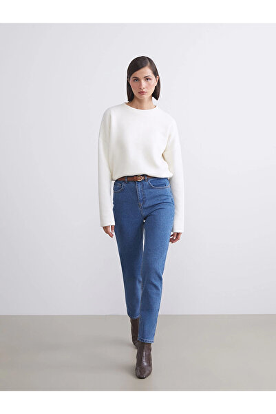 LC Waikiki Lcw Jeans Indigo Mom Fit Women's Jean Trousers with Belt