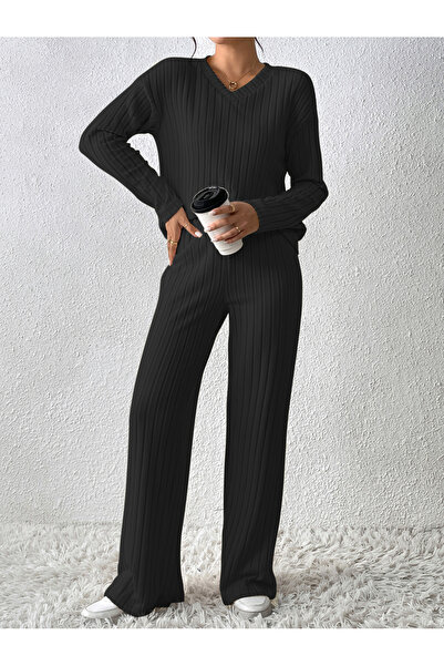 Take Two By Styli Black Ribbed Knit Top and Pants Co-Ords