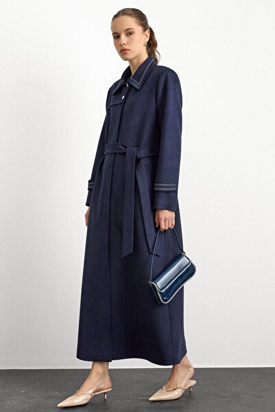Olcay Shirt Collar Embroidery Detailed Suede Look Oversized Top Coat Dark Blue 6785