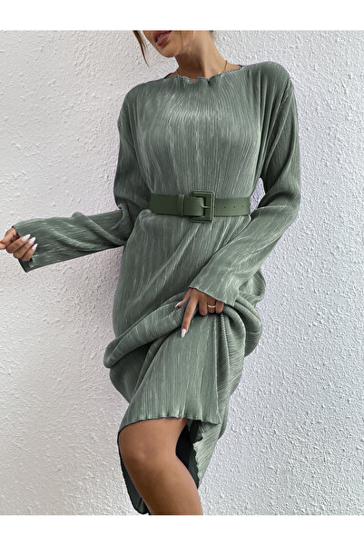 Take Two By Styli Green Plisse Belted Midi Dress