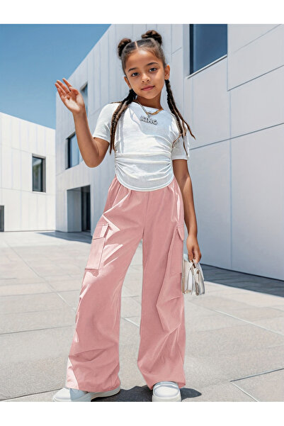 Take Two By Styli Girls Solid Ruching Detail T-Shirt and Cargo Pants Set