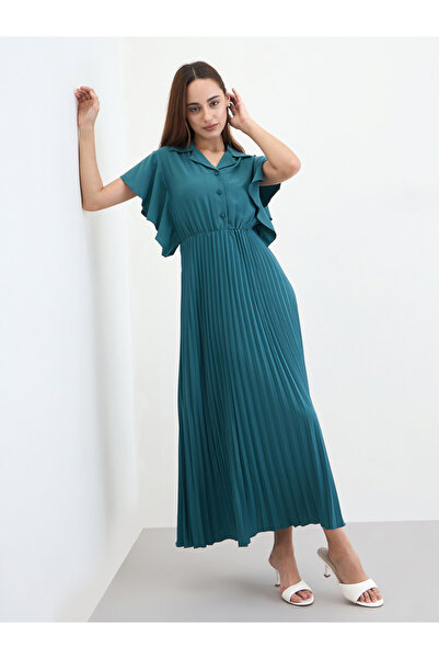 Styli Teal Pleated Maxi Dress with Frill Sleeves