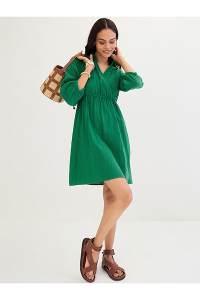 Styli Green Open Collar Wrap Front Mini Dress