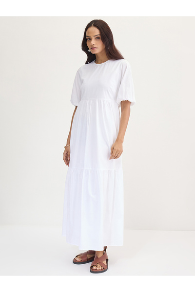 Styli White Cotton Tiered Maxi Dress
