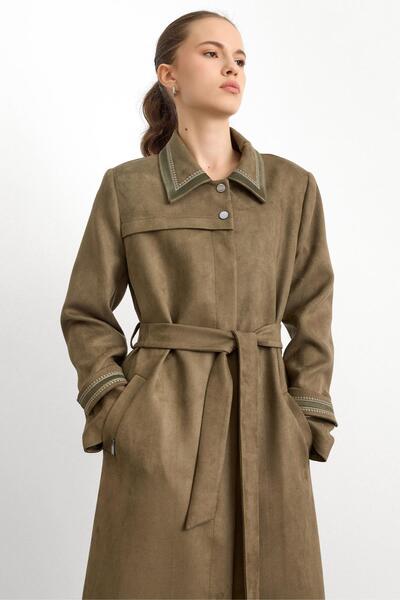 Olcay Shirt Collar Embroidery Detail Suede Look Oversized Top Coat A.Haki 6785