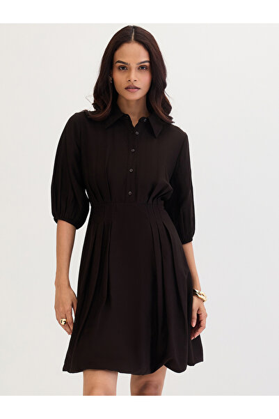 Styli Black Shirt Mini Dress with Fold Pleat Detail