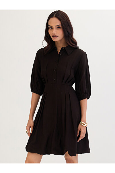 Styli Black Shirt Mini Dress with Fold Pleat Detail