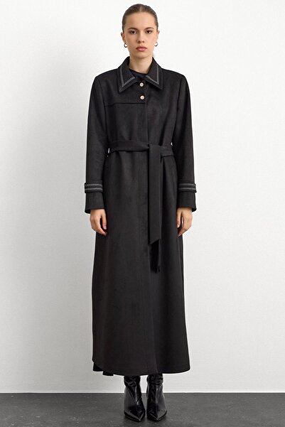 Olcay Shirt Collar Embroidery Detailed Suede Look Oversized Top Black 6785