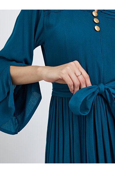 Maxim Creation By Styli Teal Pintuck Panel Midi Dress with Tie Belt