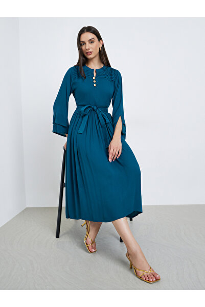 Maxim Creation By Styli Teal Pintuck Panel Midi Dress with Tie Belt