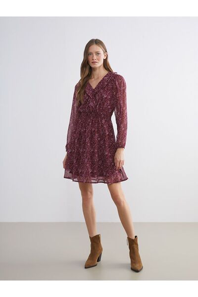 LC Waikiki LCW Comfort V Yaka Çiçekli Şifon Belden Oturtmalı Mini Elbise