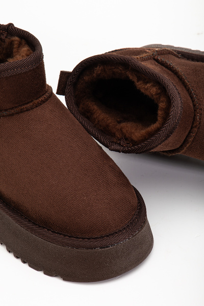 RİSSOLİ Γυναικείες μίνι μπότες με χοντρή σόλα από καφέ σουέντ με επένδυση από γούνα