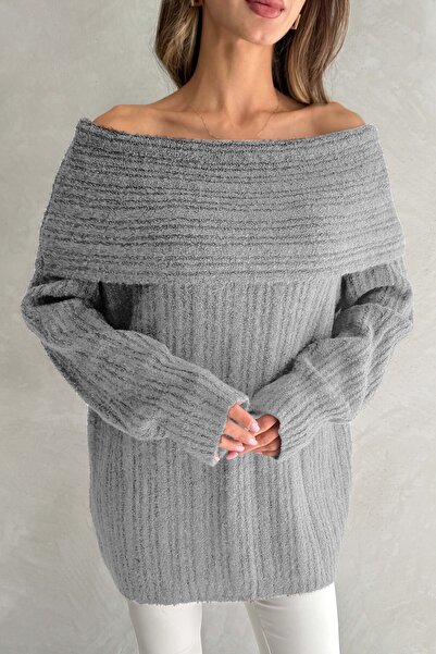 Ulino Pulover tricotat cu mânecă lungă, cu guler tip Madonna, texturat, cu cr...