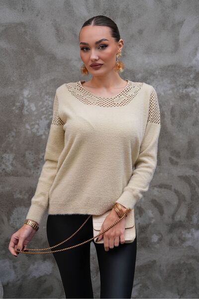 AGORATEKSTİL Γυναικείο μάλλινο πουλόβερ με μακρυμάνικο δαντέλα στο λαιμό και στους ώμους