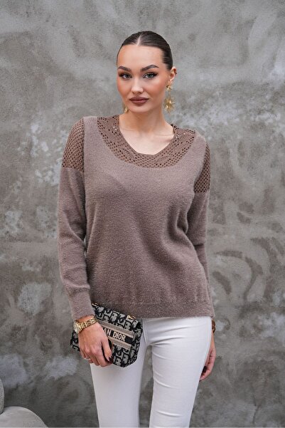 AGORATEKSTİL Women's Collar and Shoulder Lace Long Sleeve Wool Sweater