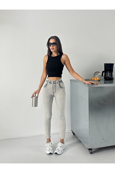 blue marlın Women's Belted Gray Snow Power Tapered Leg Denim Pants Jeans