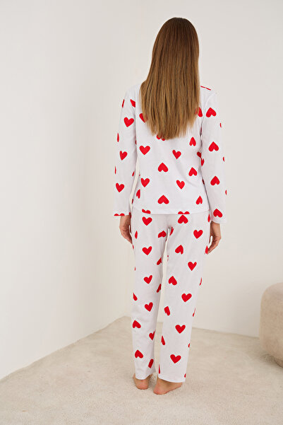 Siyah İnci Set de pijamale din bumbac tricotat cu imprimeu inimă alb roșu7613