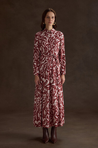 Aker Bordo Desenli Viscon Elbise