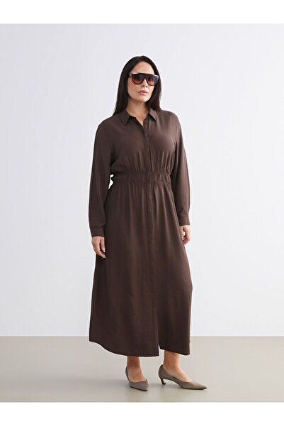 LC Waikiki LCWAIKIKI Classic Büyük Beden Dokulu Büzgülü Gömlek Elbise