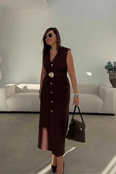 ELVAN TOLON Brown Gold Belted Sleeveless Dress