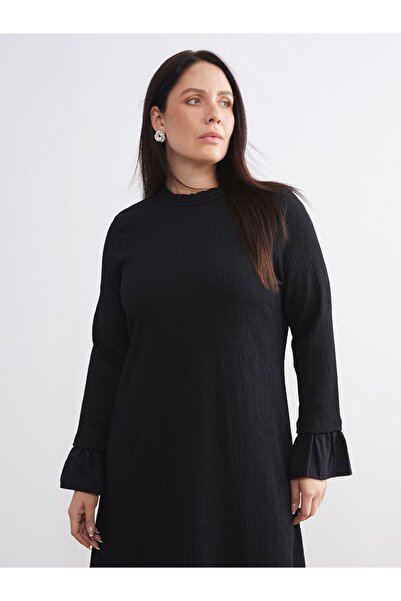 LC Waikiki LCW Modest Büyük Beden Fırfırlı Dik Yaka Triko Elbise
