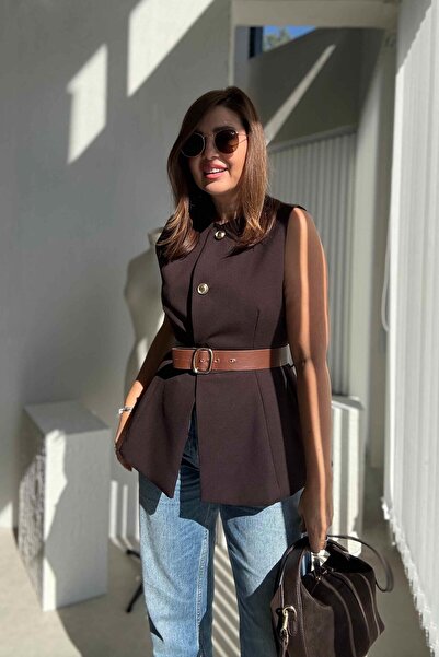 ELVAN TOLON Brown Gold Buttoned Fabric Vest