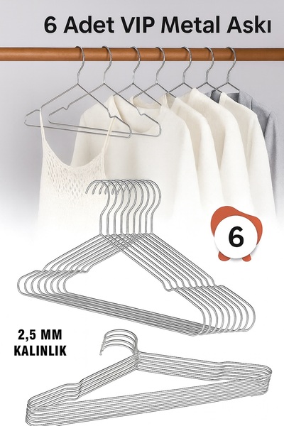 Vip Home Concept Metal Elbise Kıyafet Askısı, 6 ADET,Giysi Askısı,Pantolon Askısı Tel Askı VIP