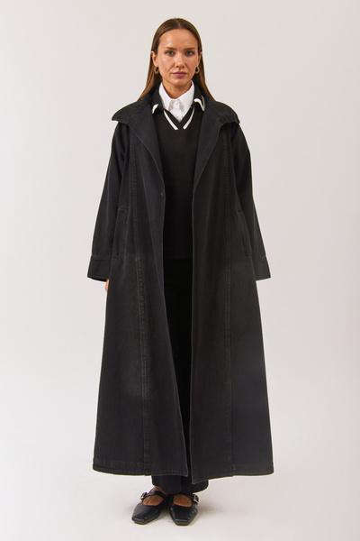 ZÜLAYS معطف طويل من الدنيم بصف أزرار واحد باللون الأسود