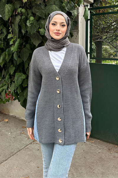 QUB Arkası Denim Triko Hırka - Antrasit