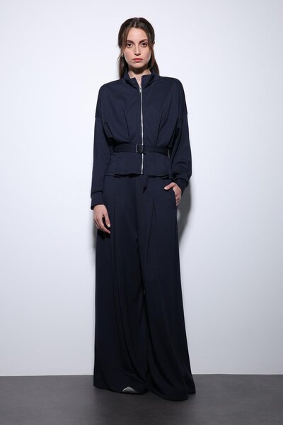 Antioch Navy Blue Waist Belted Wide Leg Pants Suit