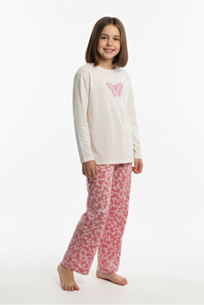 Kyron Girl's Cream T-Shirt and Butterfly Patterned Pink Pants Set