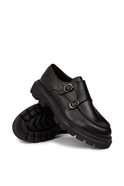 Deery Men's Genuine Leather Black Double Buckle Casual Shoes