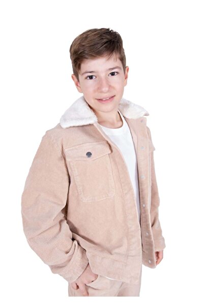 Ozmoz By Mukadder Özden Corduroy Cream Sport Cut Winter Boys' Jacket
