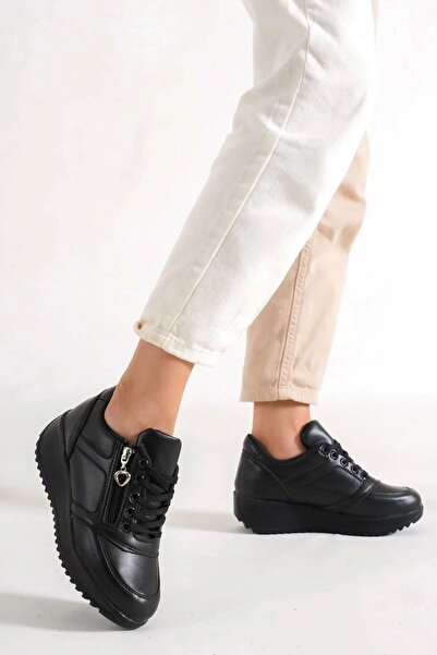 Karlens Black Matte Leather Zippered Lace-Up Women's Sports Shoes