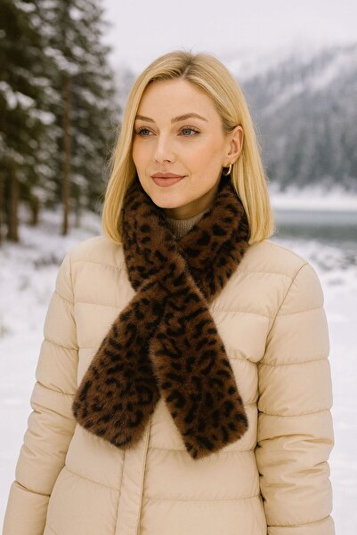 Axesoire 11234-1 Leopar Desen Vizon İçten Geçmeli Peluş Boyunluk