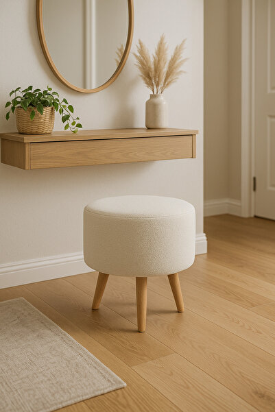 Lunova Home Modern Dekoratif Ahşap Masif Ayaklı Beyaz Teddy Puf Bench Tabure Koltuk