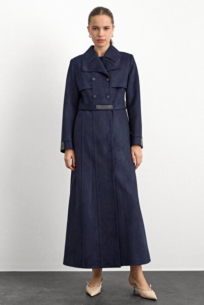 Olcay Handkerchief Collar Stone Detailed Suede Look Overcoat Dark Blue 6794